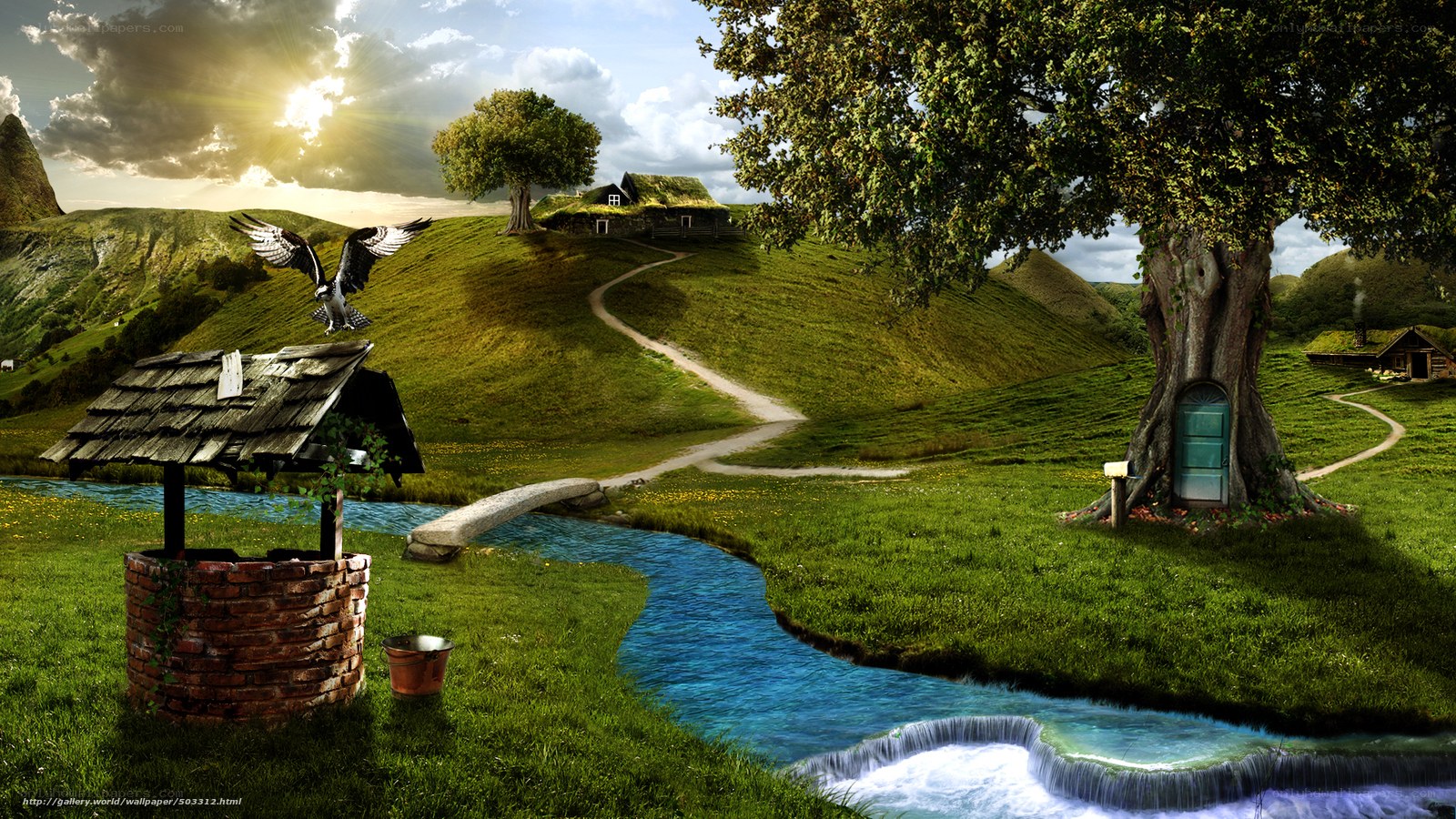 Fantasy landscape with hobbit house