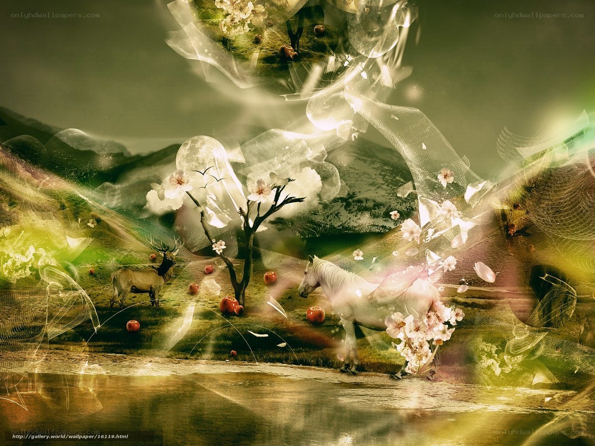 Fantasy landscape with horse and deer