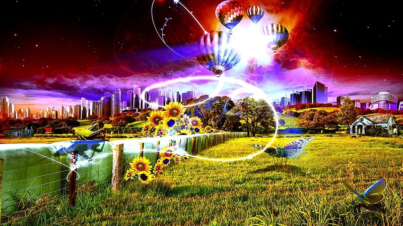 Fantasy landscape with hot air balloons