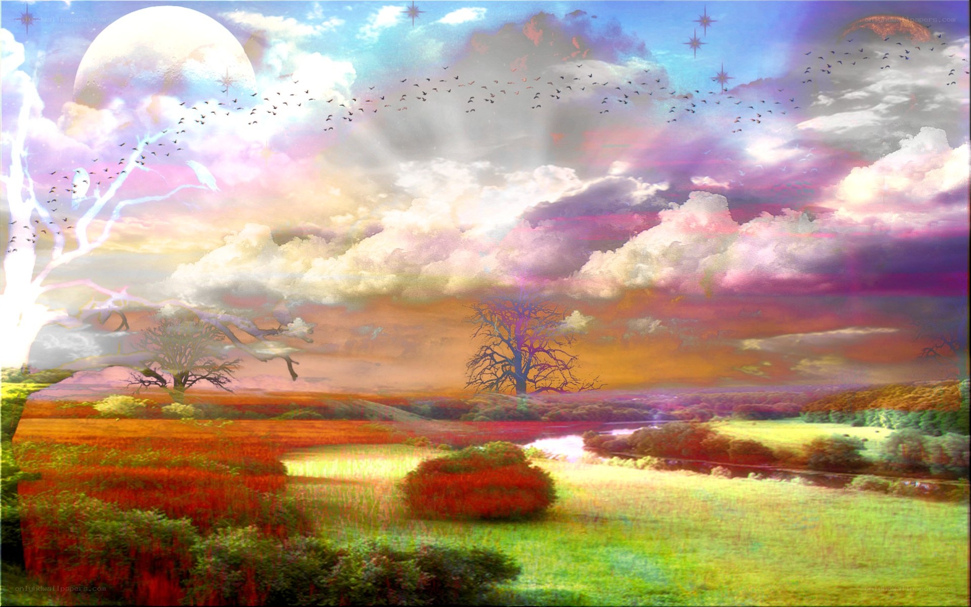 Fantasy landscape with moon