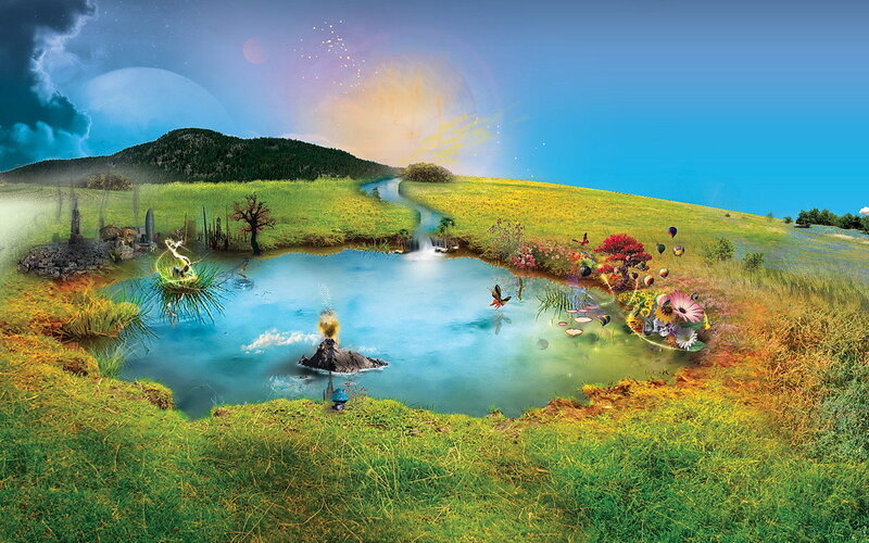 Fantasy Landscape with Pond — Green, Dreamy, Afternoon, Digital Art, Volcano