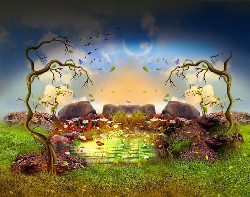 Fantasy Landscape with Pond — Green, Serene