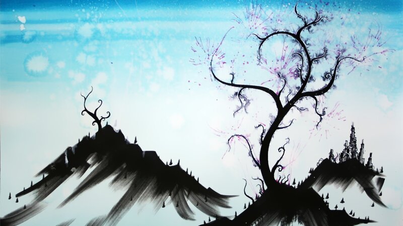 Fantasy landscape with silhouetted trees