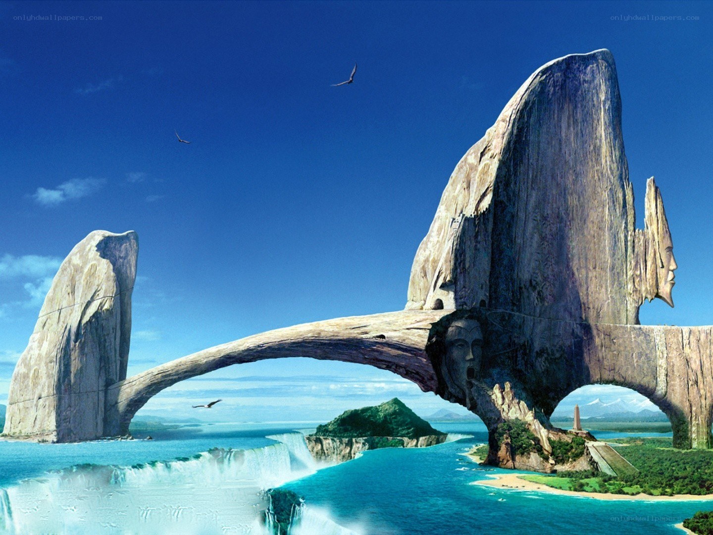 Fantasy landscape with stone faces