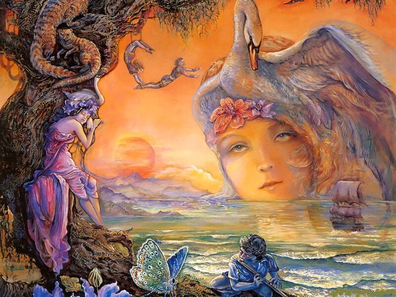 Fantasy landscape with swan and figures