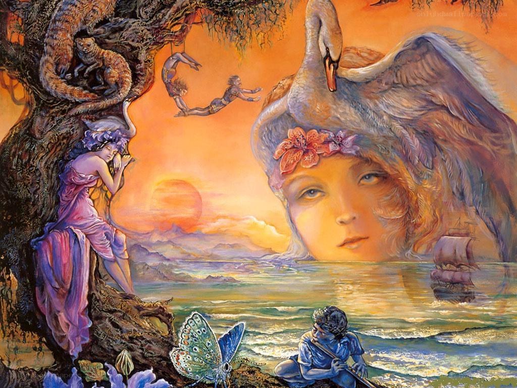 Fantasy landscape with swan and figures