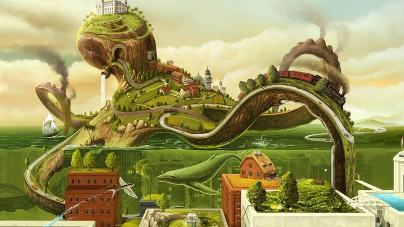 Fantasy Landscape with Train — Green
