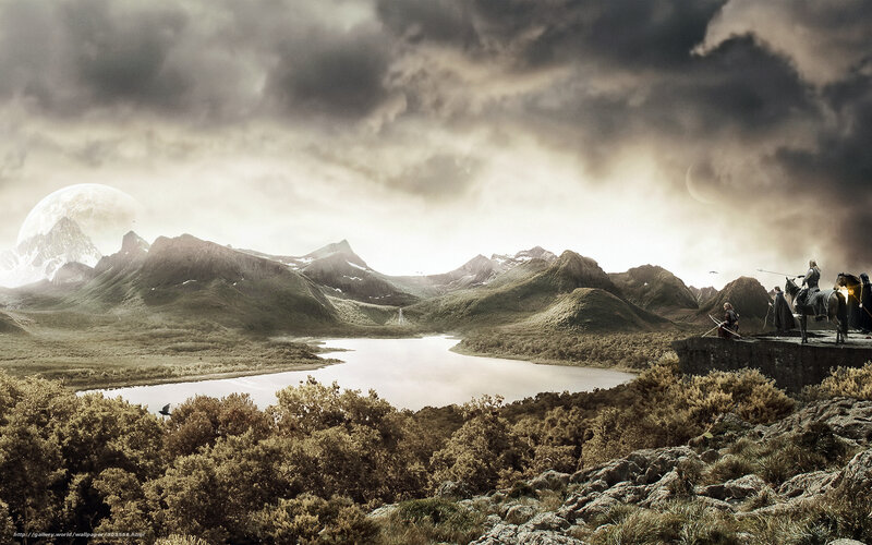 Fantasy landscape with travelers