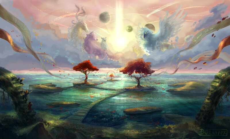 Fantasy Landscape with Trees — Red, Serene