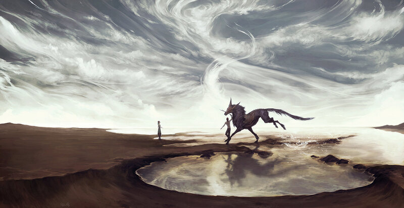 Fantasy landscape with unicorn