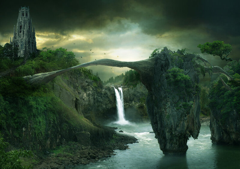 Fantasy landscape with waterfall