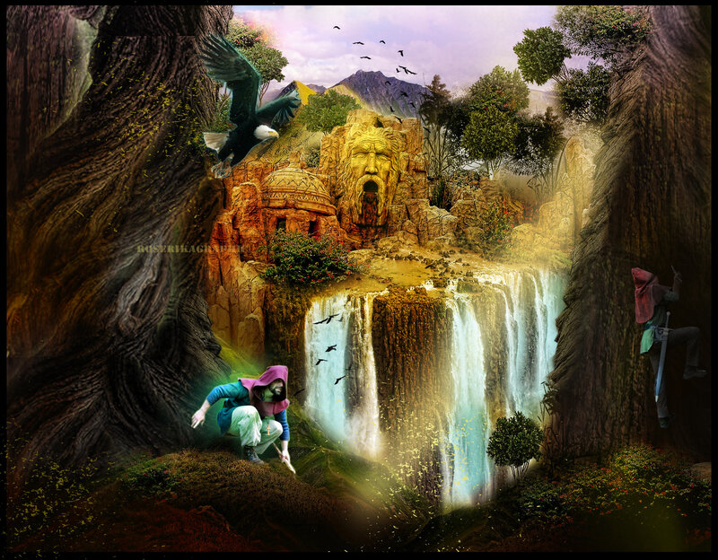 Fantasy Landscape with Waterfall — Brown