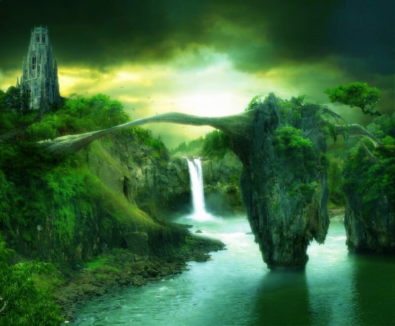 Fantasy Landscape with Waterfall — Green, Dramatic