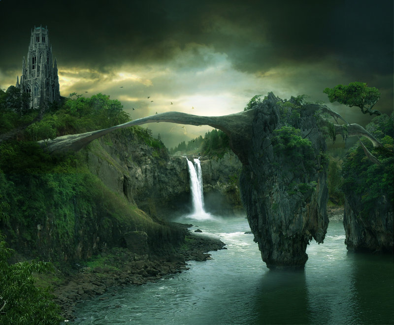 Fantasy Landscape with Waterfall — Green