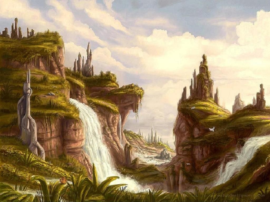 fantasy landscape with waterfalls