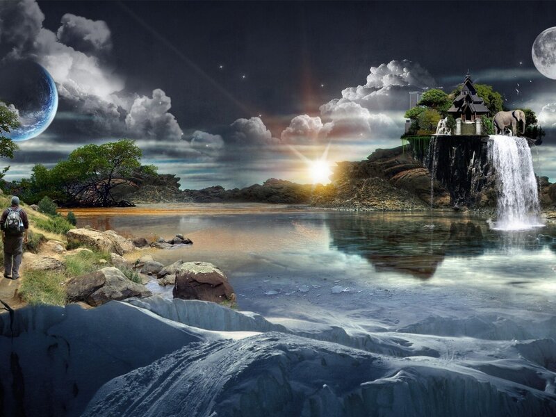 Fantasy landscape with waterfalls