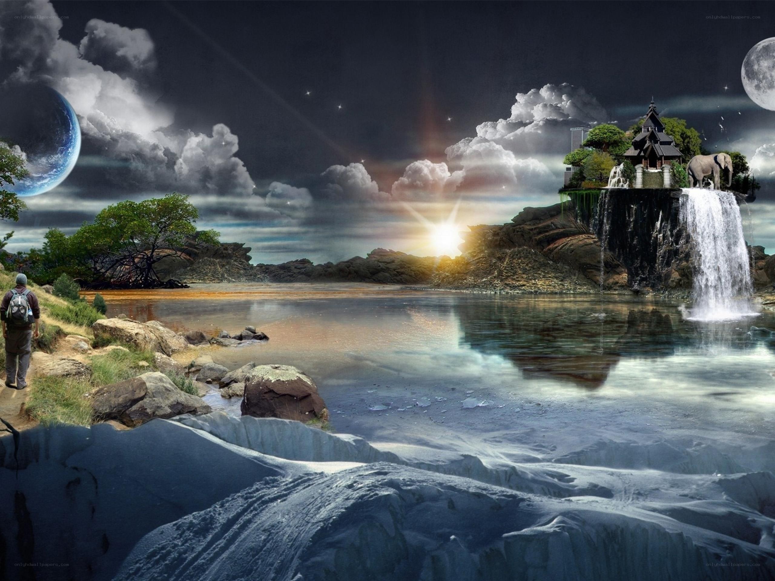Fantasy landscape with waterfalls