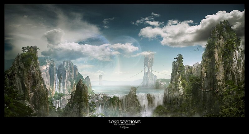 Fantasy Landscape with Waterfalls — Green, Dramatic