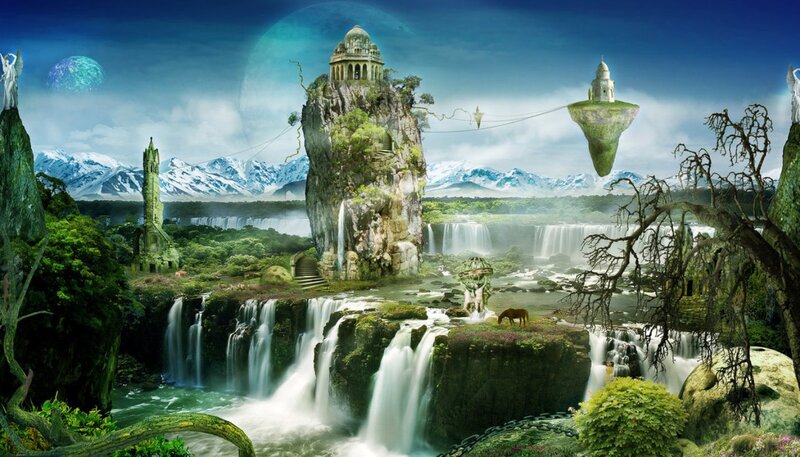 Fantasy Landscape with Waterfalls — Green