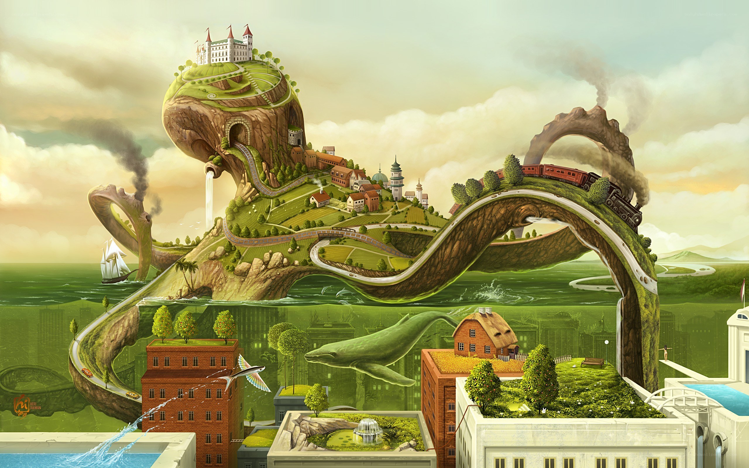 fantasy landscape with whale and train