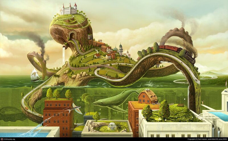 Fantasy Landscape with Whale — Green