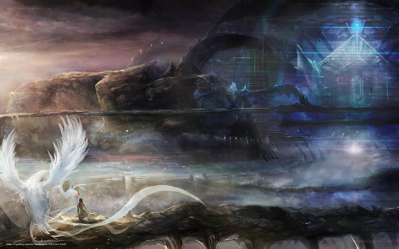 Fantasy landscape with white bird