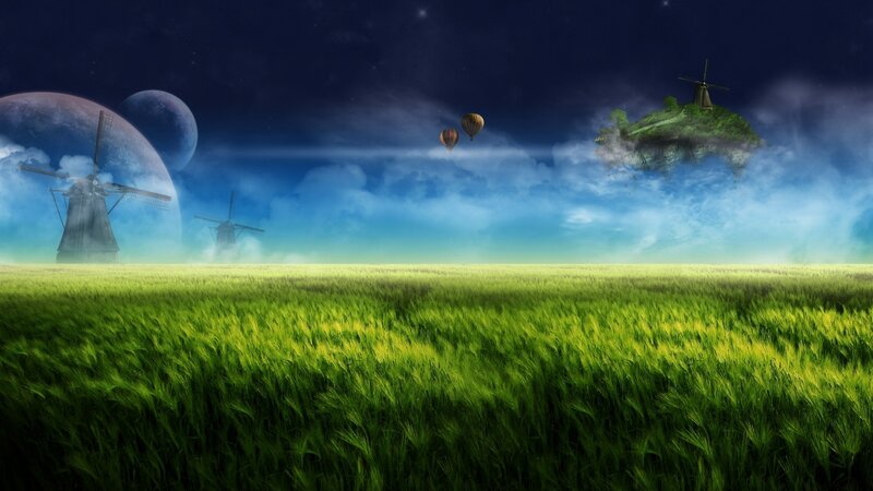 Fantasy landscape with windmills
