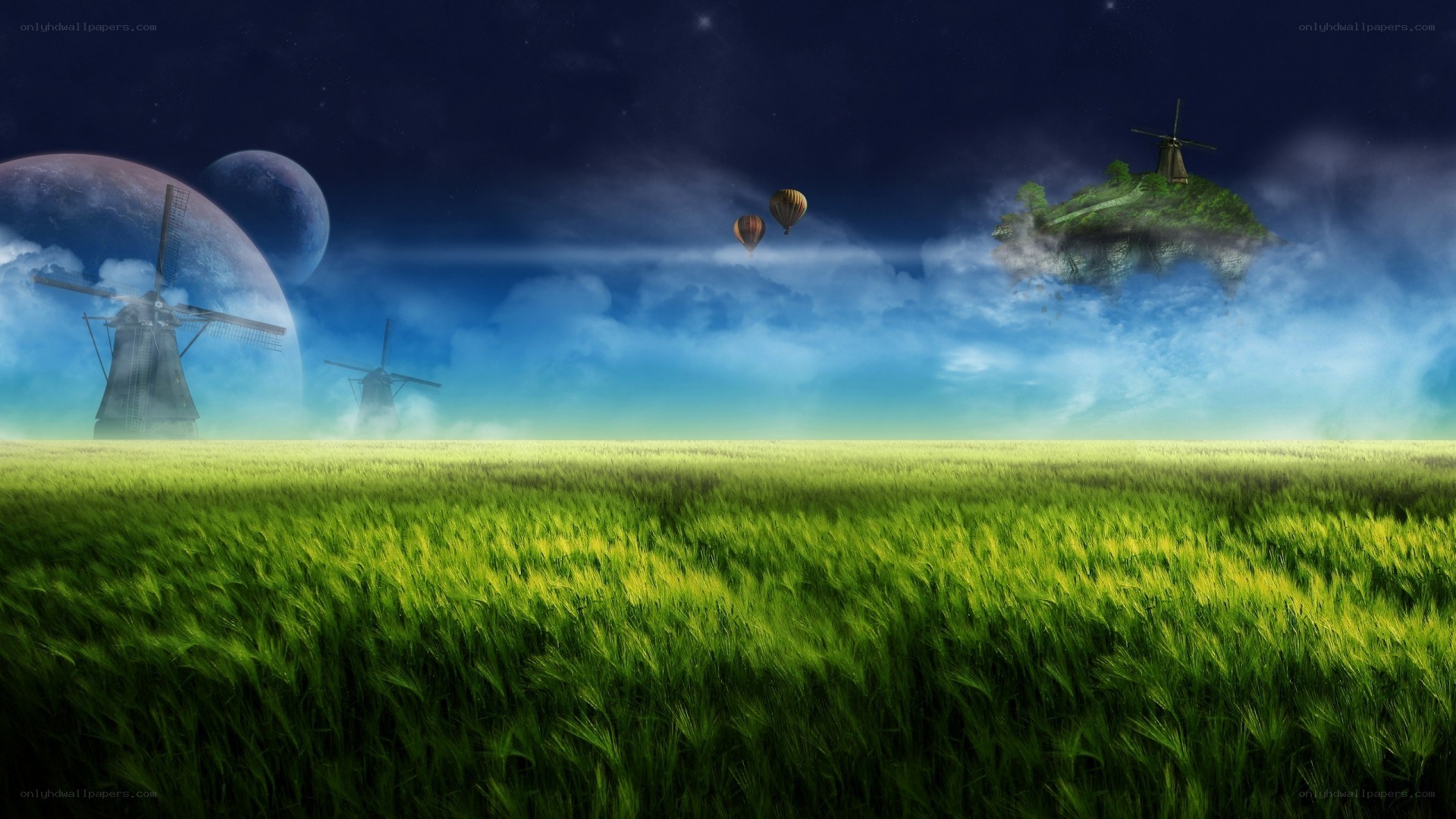 Fantasy landscape with windmills