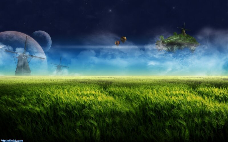 Fantasy landscape with windmills