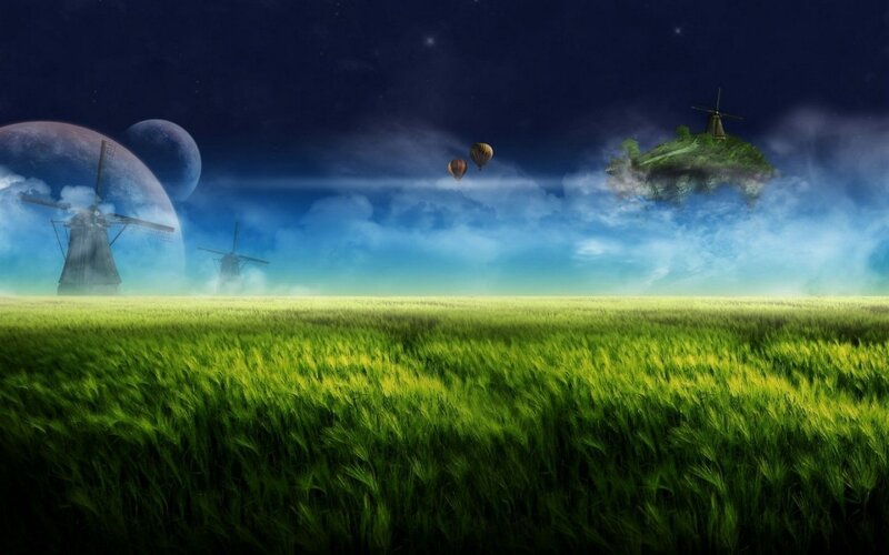 Fantasy landscape with windmills