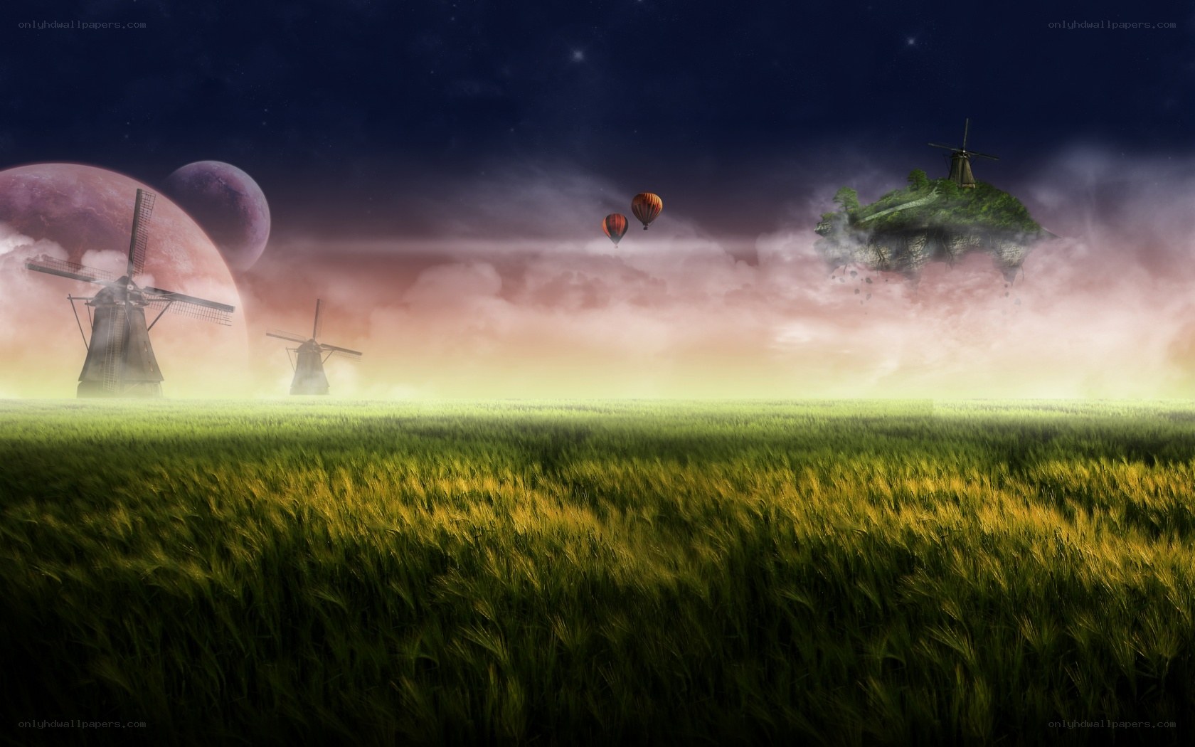 Fantasy landscape with windmills