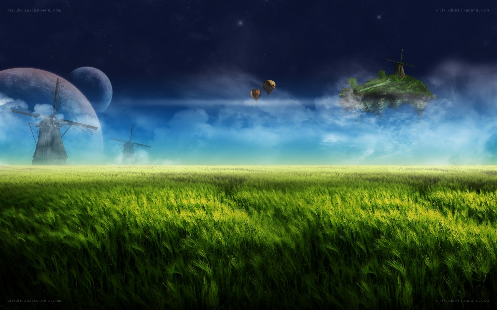 Fantasy landscape with windmills