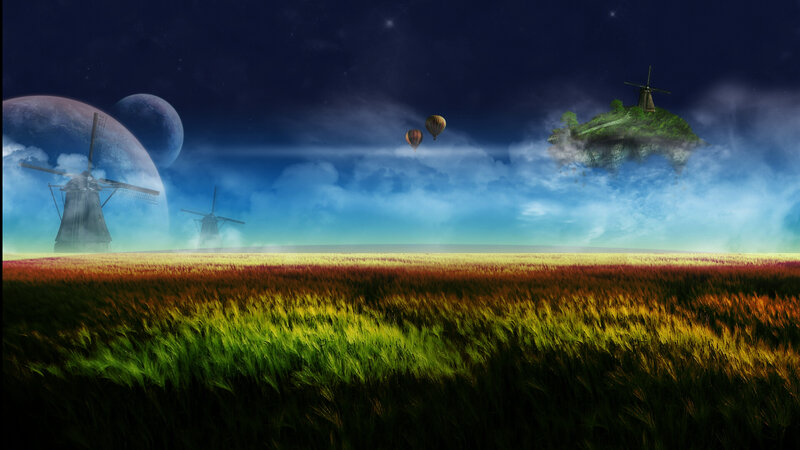 Fantasy landscape with windmills
