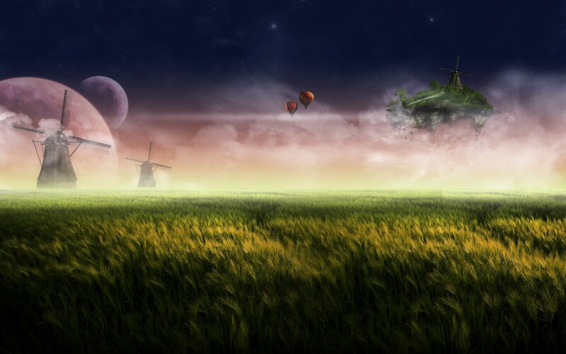 Fantasy landscape with windmills