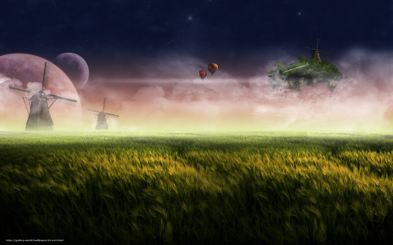 Fantasy landscape with windmills