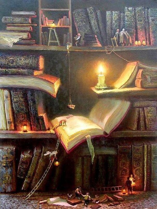 Fantasy library with tiny people