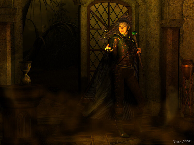 Fantasy mage in a dimly lit chamber