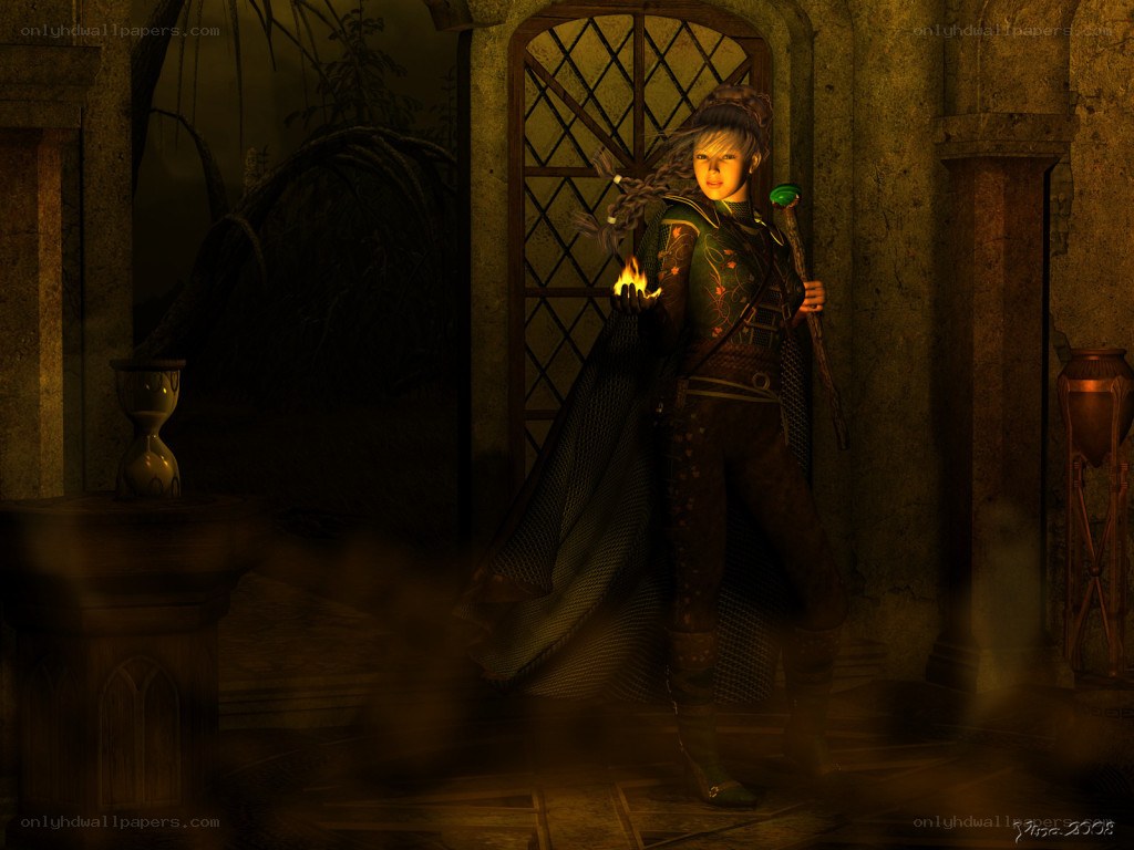 Fantasy mage in a dimly lit chamber