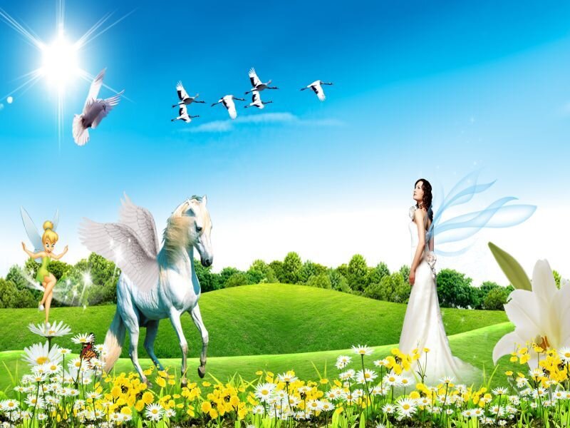 Fantasy meadow with fairies and a pegasus