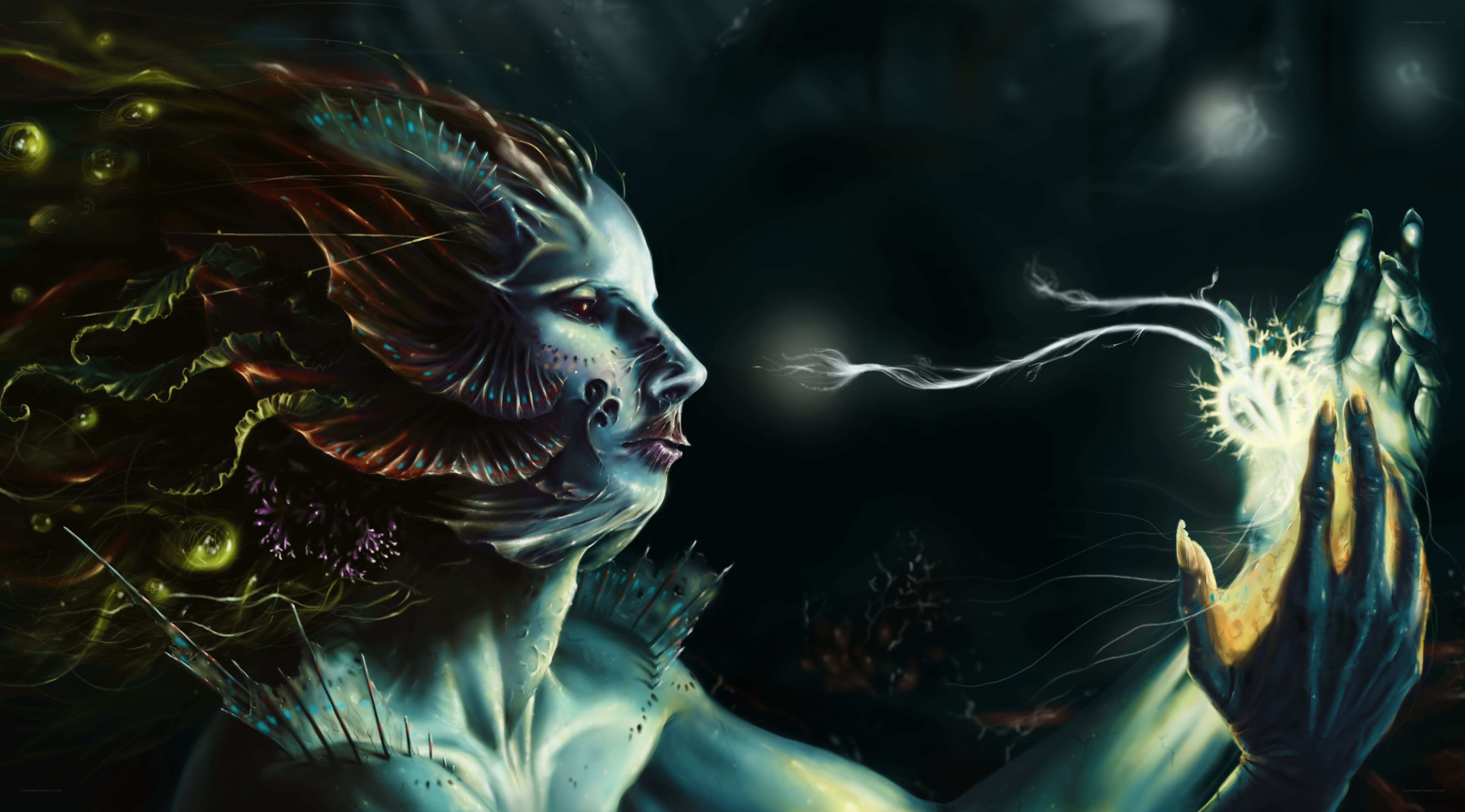 fantasy mermaid with glowing hands