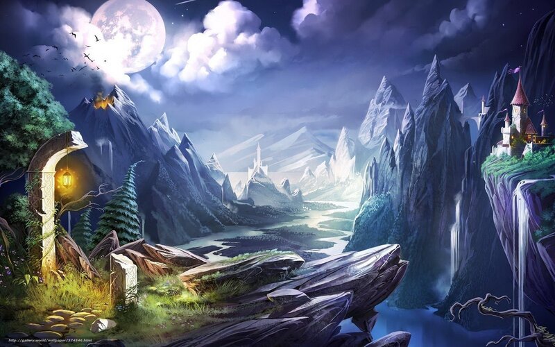 Fantasy mountain landscape at night