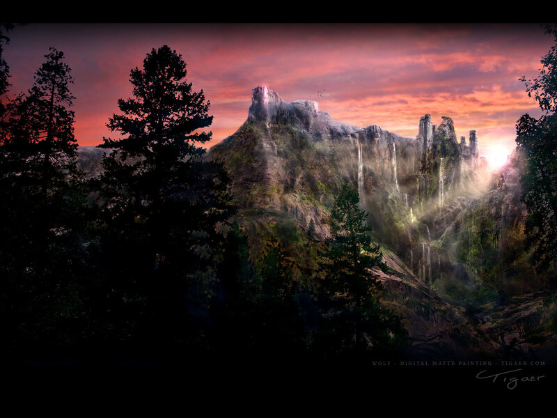Fantasy mountain landscape at sunset