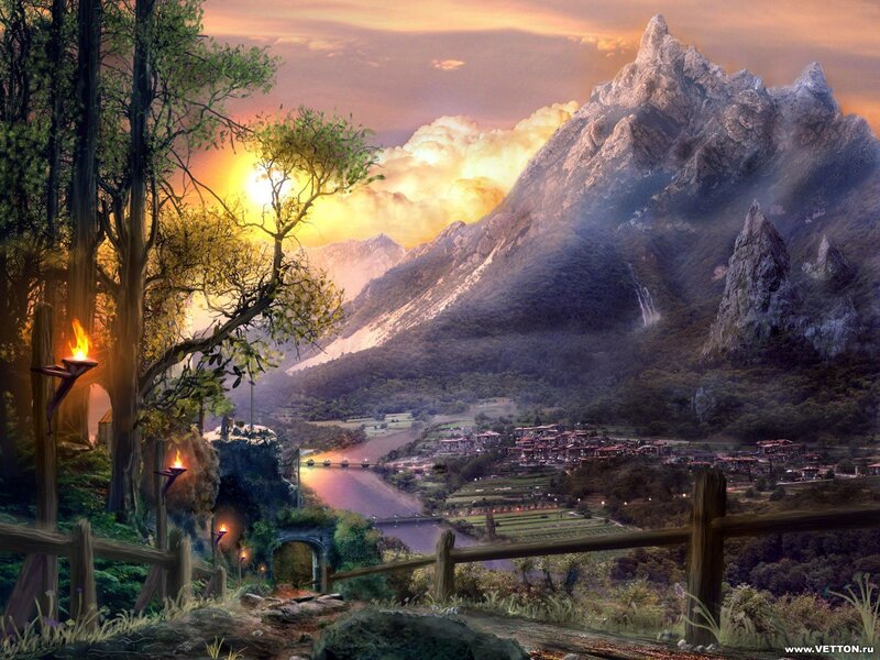 Fantasy mountain valley at sunset