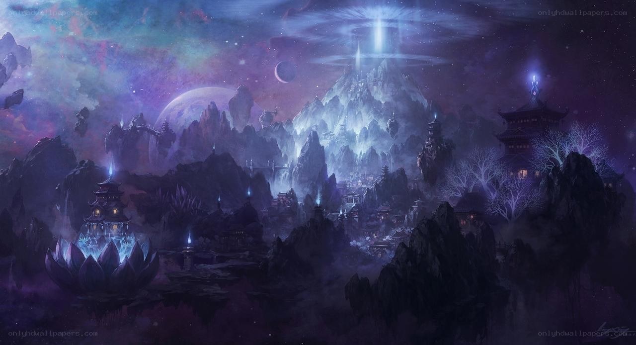 Fantasy mountain village at night