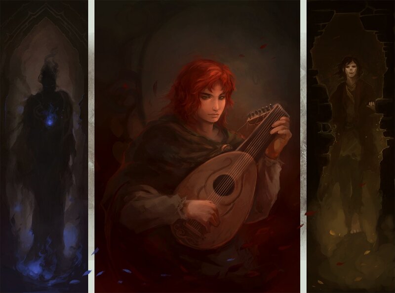 Fantasy musician in a dark hall