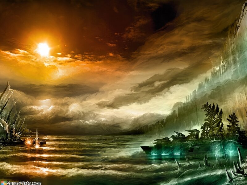 Fantasy naval battle at sunset