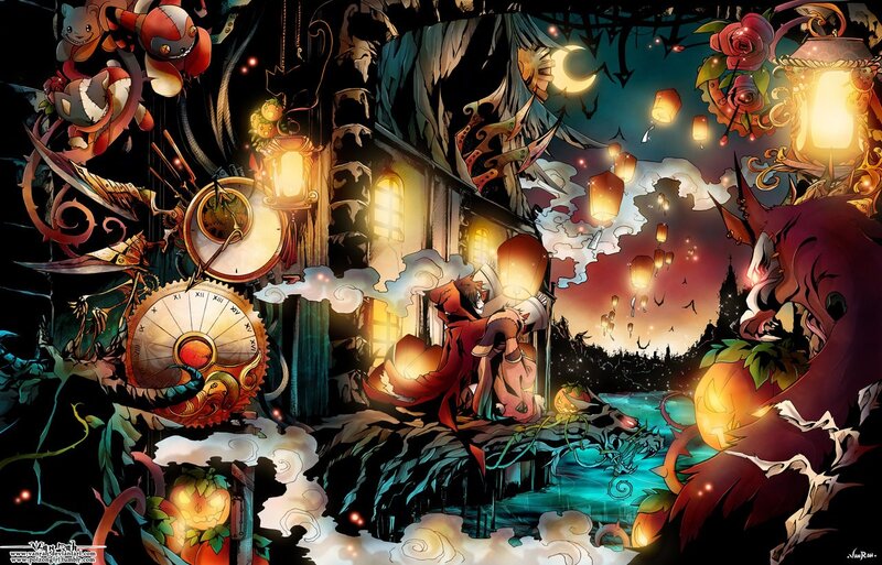 Fantasy night scene with creatures