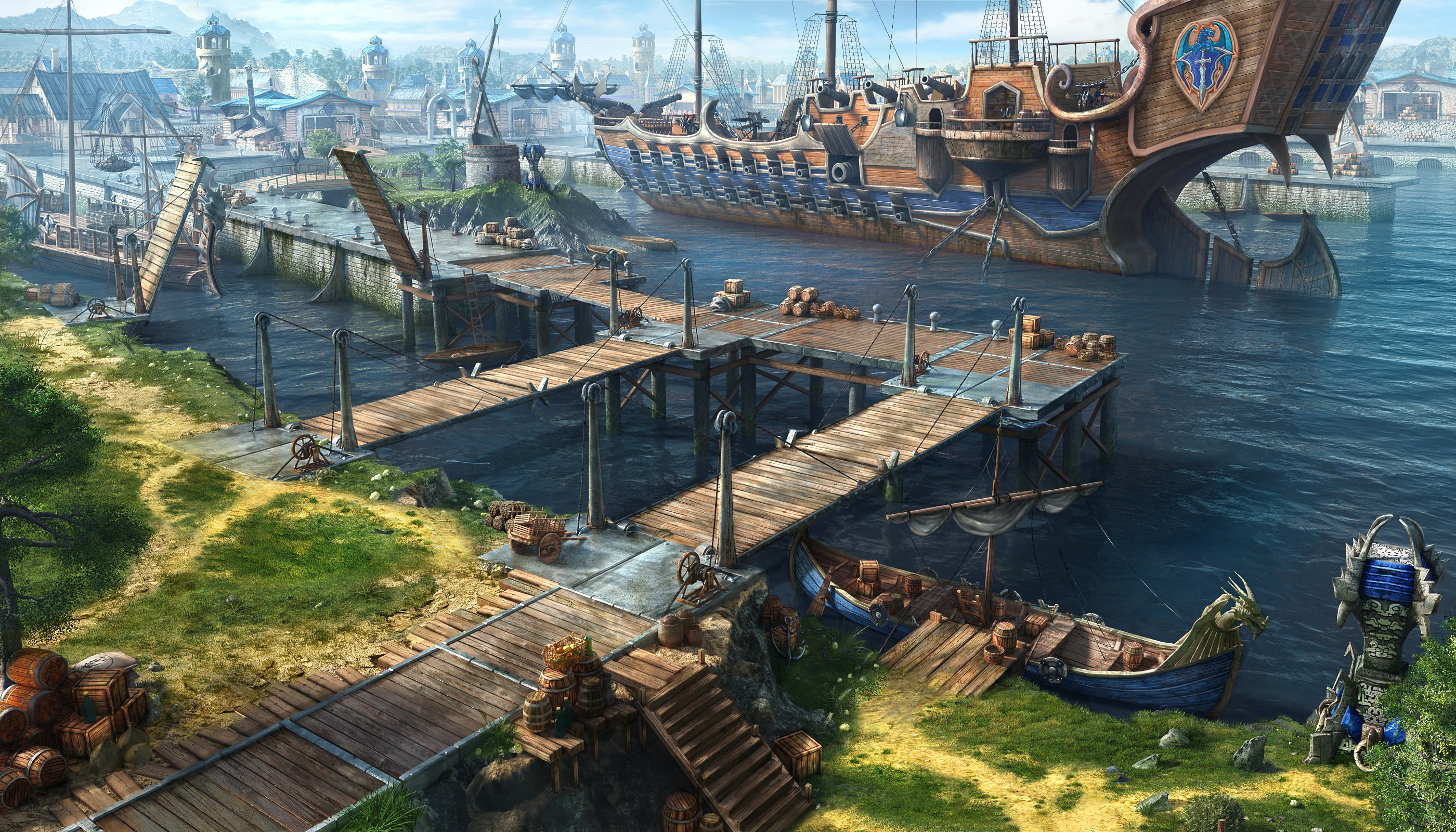 Fantasy port with large ship