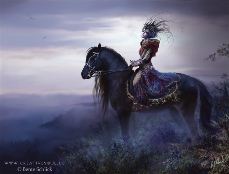 Fantasy rider on a black horse