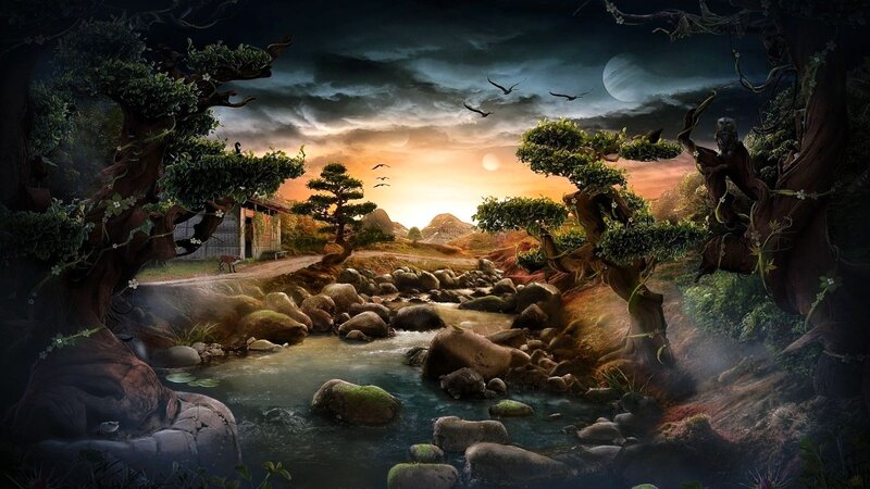 Fantasy river landscape at dusk